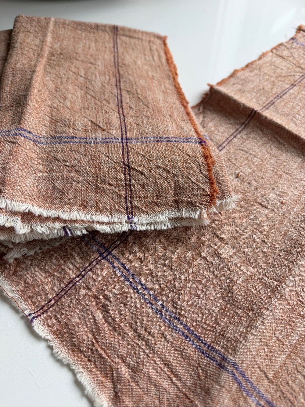 Set of 6 Linen Napkins | Terracotta with Blue Stripe | French Country Table - Picture 5 of 6